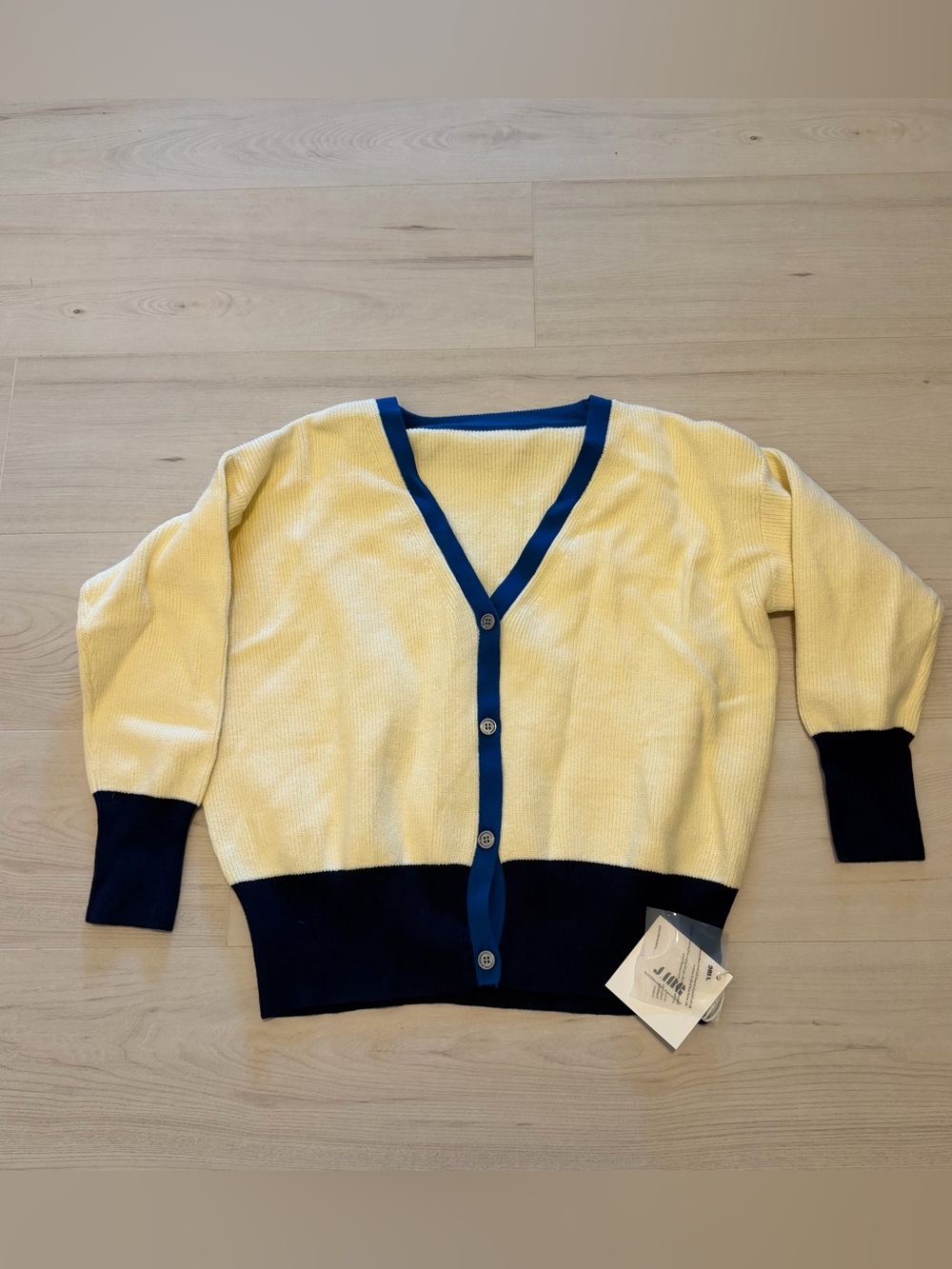 J.ING Yellow/Tan and Navy Blue V‑Neck Cardigan